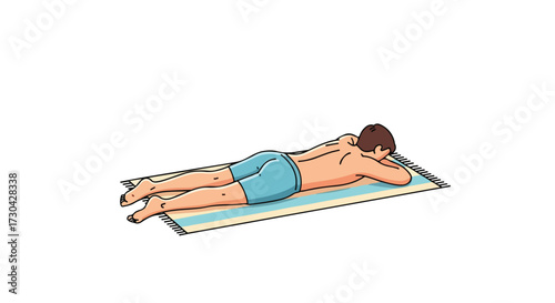 Man lying prone relaxing on beach towel isolated, capturing serene relaxation and carefree summer posture in a minimalist illustration style