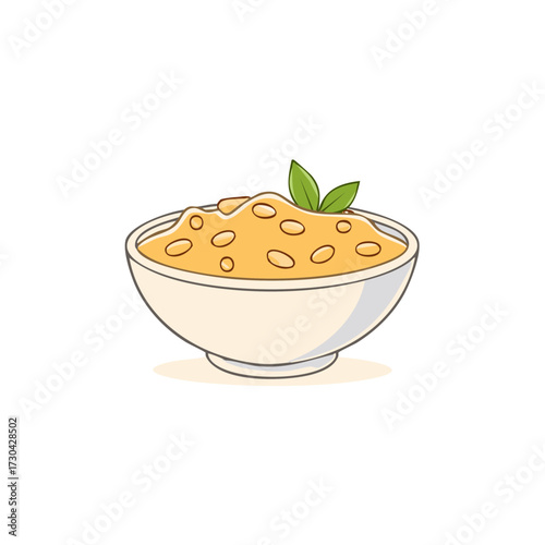 Cartoon illustration of a bowl of soup with beans and green leaves
