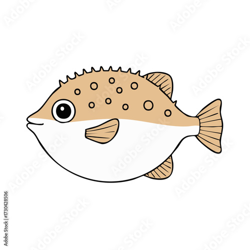 Illustration of spiky pufferfish with white belly swimming in the ocean waters cartoon drawing