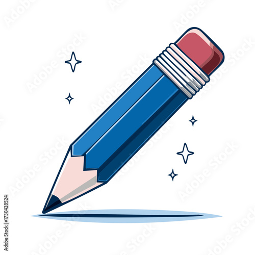 Blue graphite pencil with eraser drawing a line surrounded by sparkles, creating an impression of inspiration and creation