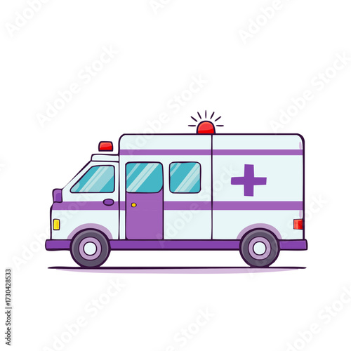 Cartoon ambulance with red cross, siren, and open door, medical emergency vehicle design