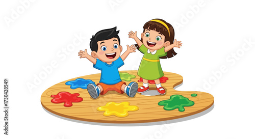 Cartoon illustration of two children playing with paint on a wooden palette.