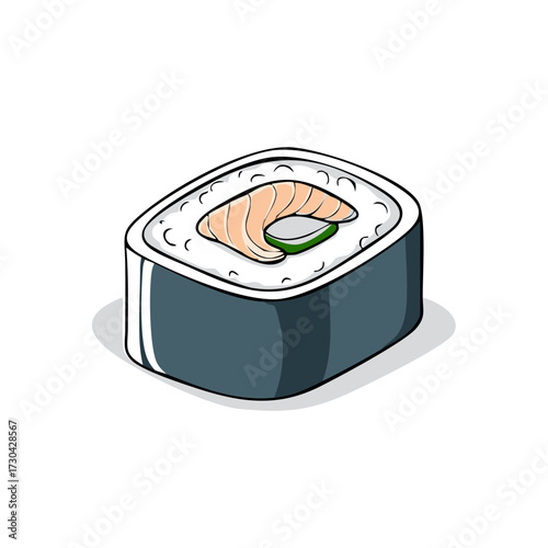 Hand drawn illustration of a single salmon sushi roll with cucumber slice on white background