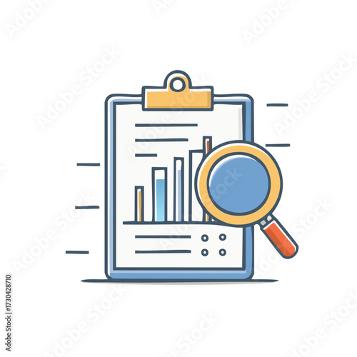 Magnifying Glass Inspecting Growth Chart on Clipboard Illustration