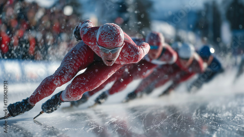 Skaters glide swiftly on the icy surface, showcasing incredible speed and skill