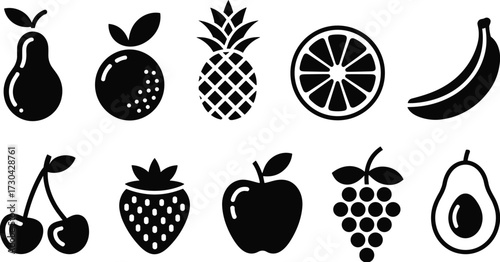 fruit, silhouette, icon, vector, black, pear, orange, pineapple, banana, apple, grapes, strawberry, avocado, cherries, citrus