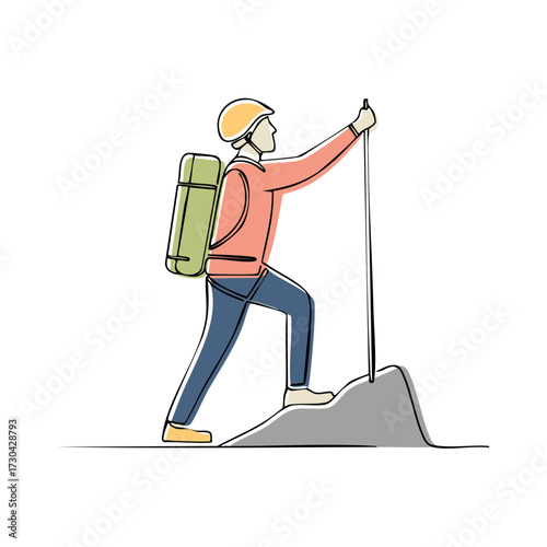 One line drawing of a hiker with a backpack climbing a mountain using a trekking pole