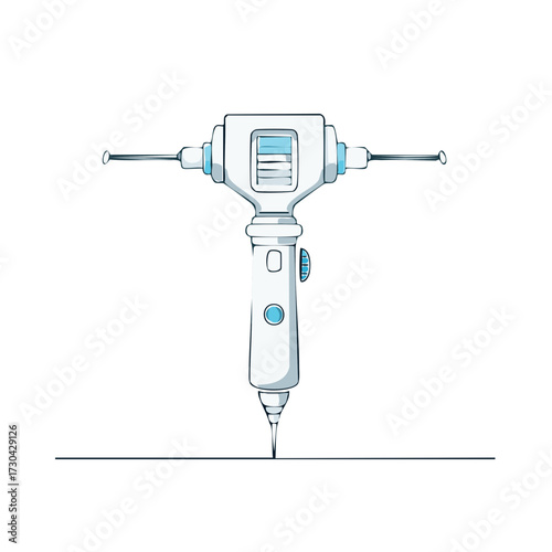 Futuristic drawing device with needle applying fluid onto a surface in a graphic style vector illustration