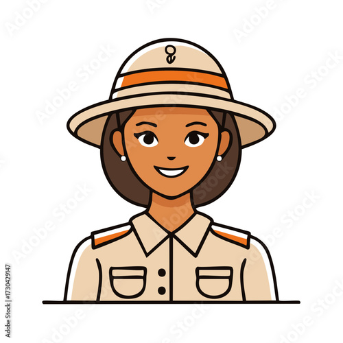 Smiling Woman Explorer Wearing Safari Hat and Uniform