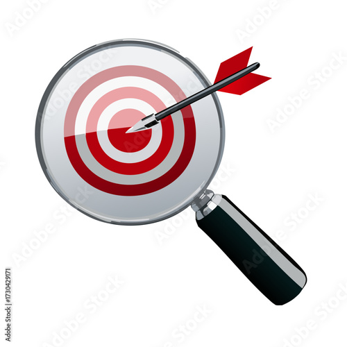 Magnifying glass examining a bullseye target with an arrow hitting the center