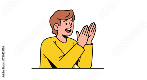 Enthusiastic praise illustration of a happy man clapping hands in bold yellow shirt cartoon character expressing approval and joy
