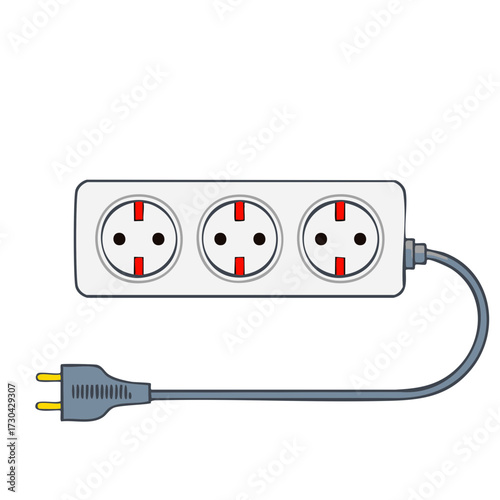 Electrical Power Strip with Three European Sockets and Plug Vector Illustration