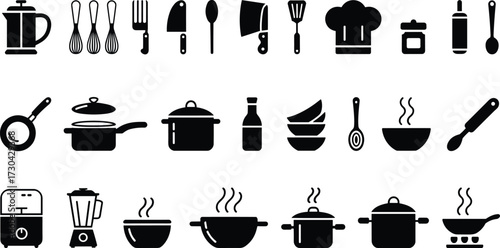 Kitchen utensils and cookware silhouette icons set including pots, pans, blender, rice cooker, chef hat, spatula, and steaming bowls.