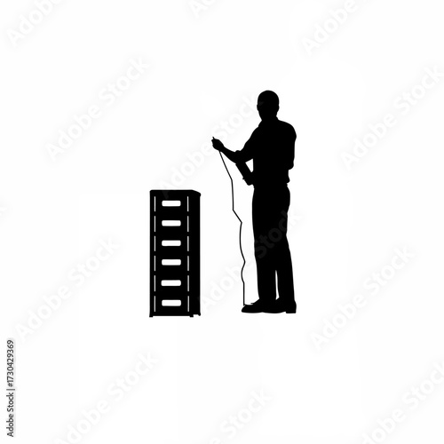 Administrator labeling external backup drives silhouette isolated on white background