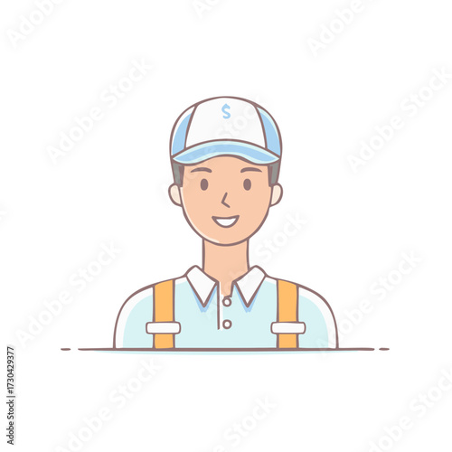Man in Workwear Cartoon Illustration Wearing Cap and Overalls Smiling Isolated