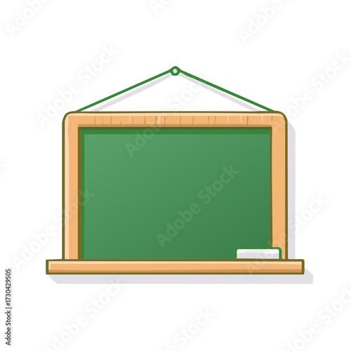 Empty green chalkboard with wooden frame chalk and eraser ready for learning