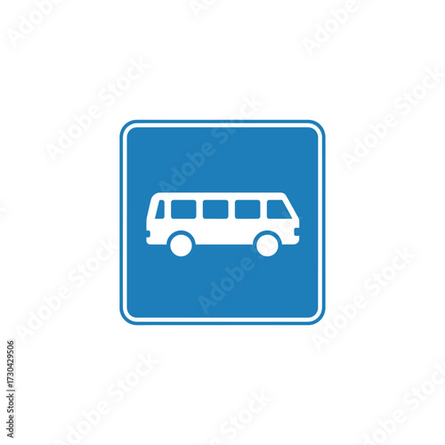 White bus symbol displayed on blue square sign indicating a bus stop location for public transportation, conveying information, and ensuring safety.