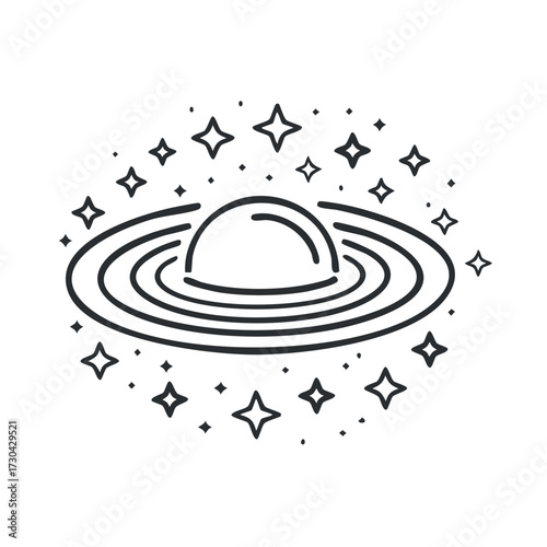 Saturn planet with rings and starry sky isolated vector line art icon astronomy, space, universe symbol