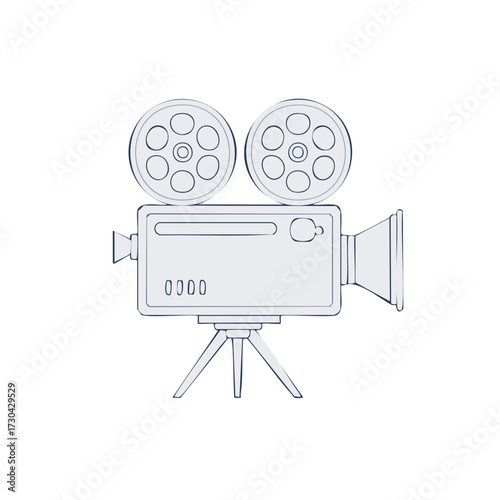 Vintage movie camera with film reels on tripod, hand-drawn line art