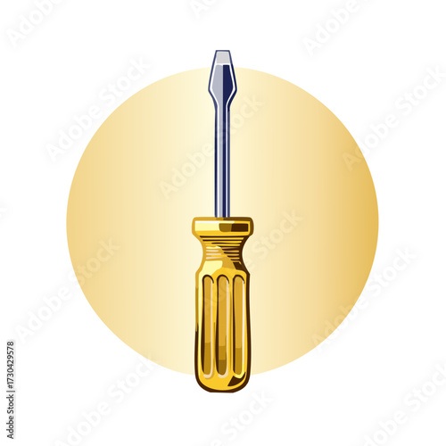 Vector illustration of a classic flat head screwdriver with a yellow handle, a common tool for repairs and DIY projects