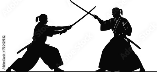 Martial arts sword fight silhouette cad drawing flat vector illustration, traditional katana combat pose, kendo practice, warrior training scene