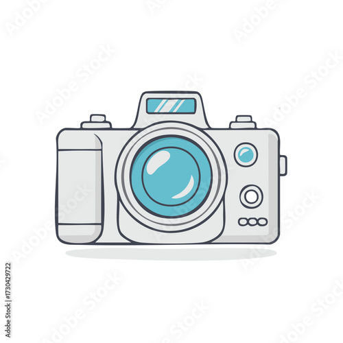 Modern minimalist digital camera with blue lens and flash