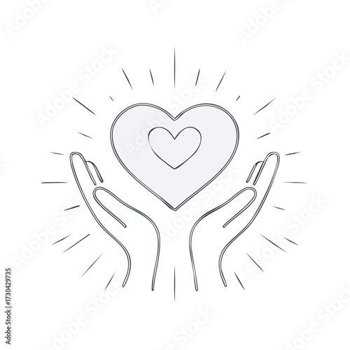 Caring hands delicately hold a radiant heart emitting light an elegant line art illustration of love compassion and generosity