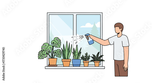 Indoor gardening hobbyist meticulously caring for houseplants adorning a windowsill home aesthetic enhancement and natural wellness environment
