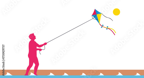 Joyful seaside recreation with a youthful pink silhouette flying a vibrant kite under a sunny sky creating a nostalgic moment of blissful leisure