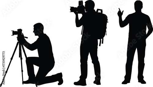 Photography and videography silhouette vector with tripod setup, camera operator, director gesture, creative field scene for media and content creation
