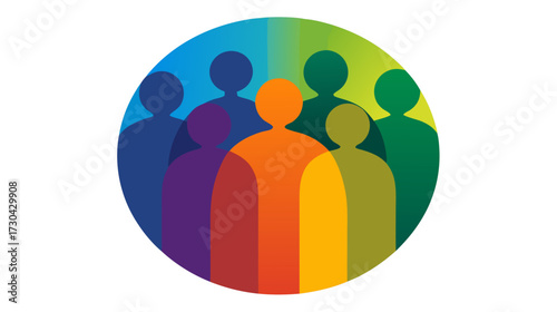 Diverse group of colorful people silhouettes in a vibrant circular graphic, representing community, inclusion, unity, and global connection.