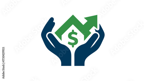 Hands protecting a home with a dollar sign and upward arrow, symbolizing real estate investment, property growth, and financial security.