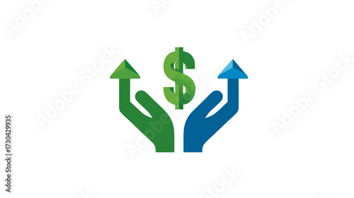 Financial growth concept with dollar sign and upward arrows on hands, representing investment, profit, and business success.