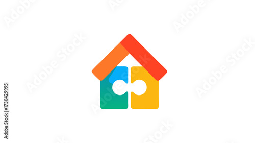 Colorful abstract house icon made of interlocking puzzle pieces, symbolizing home, connection, integration, and property solutions