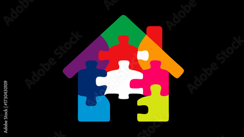 Abstract house icon created from bright, diverse puzzle pieces on black, symbolizing unity, community, family, and inclusivity solutions.