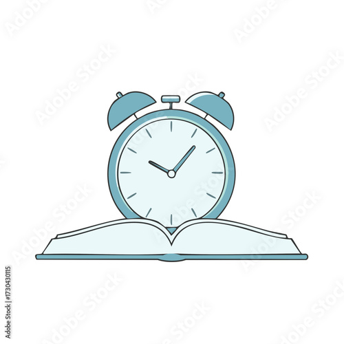 Stylized alarm clock resting on an open book, symbolizing education, study time, and managing deadlines. Vector illustration.