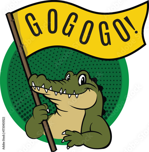 Get ready to go! A friendly, enthusiastic alligator cartoon waves a "GOGOGO!" flag, perfect for motivating teams, sports, or encouraging swift action in a fun, dynamic way.