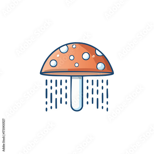 Cute cartoon spotted toadstool mushroom with spore rain illustration