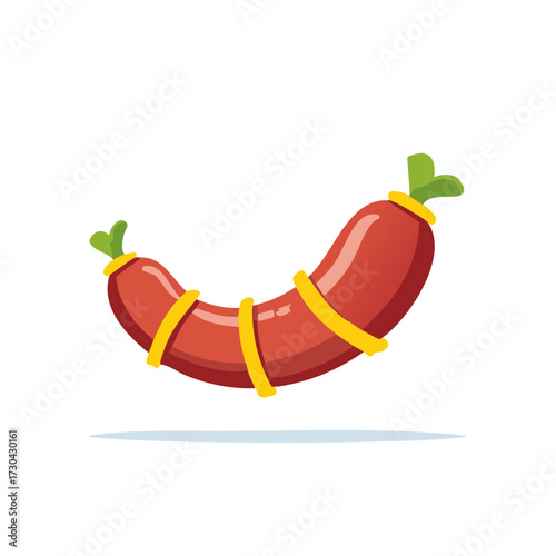 Single curved red cartoon sausage illustration. Vector food icon for delicatessen or grocery menu.