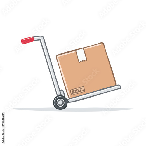 Cartoon hand truck transporting a brown cardboard box package for delivery