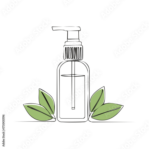Minimalist one line drawing of a natural cosmetic pump bottle with green leaves