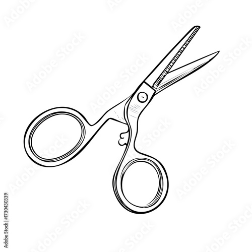 Open scissors illustration, cutting tool drawing with sharp blades and finger rings