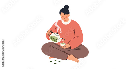 Woman in meditative pose pouring a calming beverage in minimalistic vector illustration emphasizing wellness and mindful relaxation at home enjoying