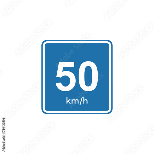 Blue traffic sign indicating a speed limit of 50 kmh stands against a white backdrop, conveying a message of road safety and regulation.