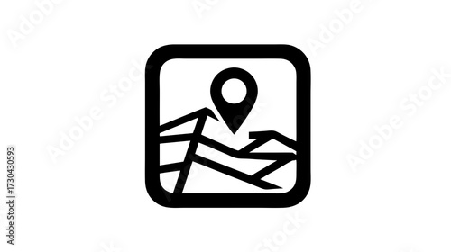 Location pin pointer on a simplified map graphic icon. Navigation, GPS, travel, and route finding symbol on white background.
