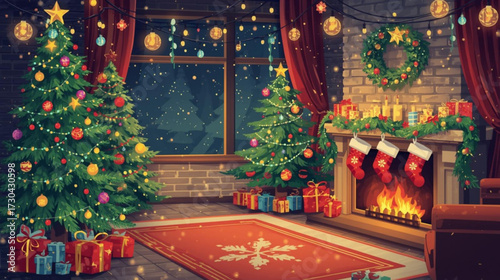 Cozy Christmas Eve: A beautifully adorned Christmas scene radiates warmth, featuring an array of festive decorations, including lit-up Christmas trees, a crackling fireplace.
