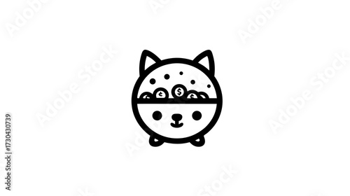 Cute kawaii cat head illustration as a money bowl with coins, representing savings, finance, investment, and financial growth.