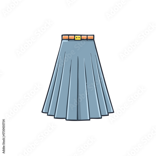 An A-Line Skirt with Belt Illustration: Fashionable garment in soft blue with retro belt accent, suitable for clothing design and fashion illustration
