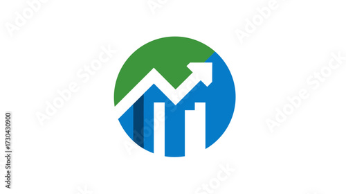 Business Growth Analytics Icon. Upward Trend Chart and Bar Graphs in Blue and Green Circle. Data Statistics & Financial Success Concept.