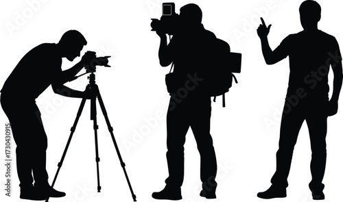 Silhouette photographers with camera gear, tripod setup, travel backpack, and pointing gesture in action for outdoor photography and visual storytelling vector